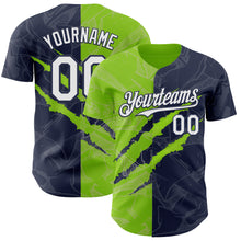 Загрузить изображение в средство просмотра галереи, Custom Graffiti Pattern White Navy-Neon Green 3D Scratch Authentic Baseball Jersey