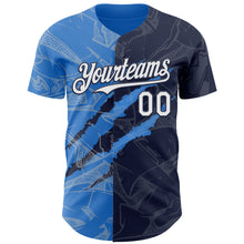 Загрузить изображение в средство просмотра галереи, Custom Graffiti Pattern White Navy-Electric Blue 3D Scratch Authentic Baseball Jersey