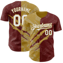 Загрузить изображение в средство просмотра галереи, Custom Graffiti Pattern White Burgundy-Old Gold 3D Scratch Authentic Baseball Jersey