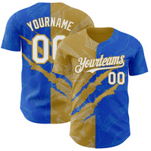 Загрузить изображение в средство просмотра галереи, Custom Graffiti Pattern White Thunder Blue-Old Gold 3D Scratch Authentic Baseball Jersey