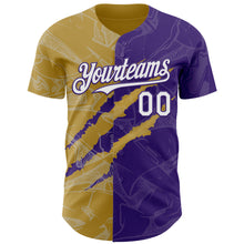 Загрузить изображение в средство просмотра галереи, Custom Graffiti Pattern White Purple-Old Gold 3D Scratch Authentic Baseball Jersey