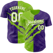 Загрузить изображение в средство просмотра галереи, Custom Graffiti Pattern White Purple-Neon Green 3D Scratch Authentic Baseball Jersey