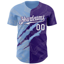 Load image into Gallery viewer, Custom Graffiti Pattern White Purple-Light Blue 3D Scratch Authentic Baseball Jersey