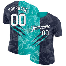 Charger l'image dans la galerie, Custom Graffiti Pattern White Navy-Aqua Scratch 3D Performance T-Shirt