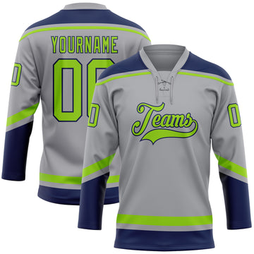 Custom Gray Neon Green-Navy Hockey Lace Neck Jersey