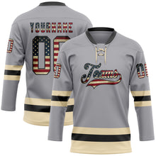 Laden Sie das Bild in den Galerie-Viewer, Custom Gray Vintage USA Flag Black-Cream Hockey Lace Neck Jersey