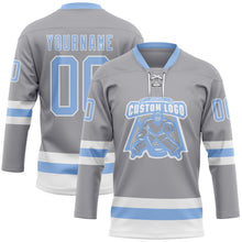 Load image into Gallery viewer, Custom Gray Light Blue-White Hockey Lace Neck Jersey
