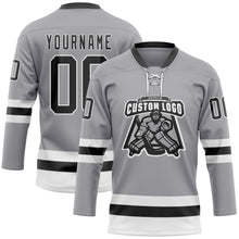 Laden Sie das Bild in den Galerie-Viewer, Custom Gray Black-White Hockey Lace Neck Jersey