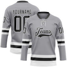Laden Sie das Bild in den Galerie-Viewer, Custom Gray Black-White Hockey Lace Neck Jersey