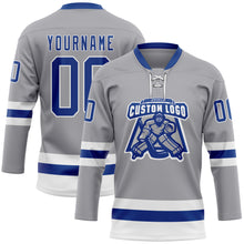 Laden Sie das Bild in den Galerie-Viewer, Custom Gray Royal-White Hockey Lace Neck Jersey