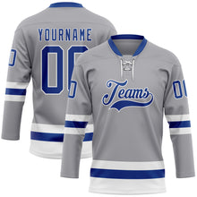 Laden Sie das Bild in den Galerie-Viewer, Custom Gray Royal-White Hockey Lace Neck Jersey
