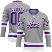 Laden Sie das Bild in den Galerie-Viewer, Custom Gray Purple-White Hockey Lace Neck Jersey