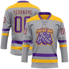 Laden Sie das Bild in den Galerie-Viewer, Custom Gray Purple-Gold Hockey Lace Neck Jersey