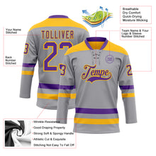 Laden Sie das Bild in den Galerie-Viewer, Custom Gray Purple-Gold Hockey Lace Neck Jersey
