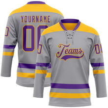 Laden Sie das Bild in den Galerie-Viewer, Custom Gray Purple-Gold Hockey Lace Neck Jersey