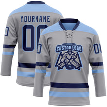 Laden Sie das Bild in den Galerie-Viewer, Custom Gray Navy-Light Blue Hockey Lace Neck Jersey