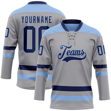 Laden Sie das Bild in den Galerie-Viewer, Custom Gray Navy-Light Blue Hockey Lace Neck Jersey