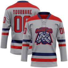Laden Sie das Bild in den Galerie-Viewer, Custom Gray Red-Navy Hockey Lace Neck Jersey