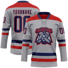 Laden Sie das Bild in den Galerie-Viewer, Custom Gray Navy-Red Hockey Lace Neck Jersey