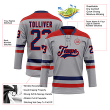 Laden Sie das Bild in den Galerie-Viewer, Custom Gray Navy-Red Hockey Lace Neck Jersey