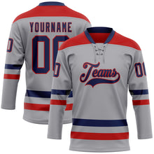 Laden Sie das Bild in den Galerie-Viewer, Custom Gray Navy-Red Hockey Lace Neck Jersey