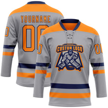 Laden Sie das Bild in den Galerie-Viewer, Custom Gray Bay Orange-Navy Hockey Lace Neck Jersey