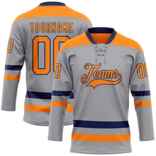 Laden Sie das Bild in den Galerie-Viewer, Custom Gray Bay Orange-Navy Hockey Lace Neck Jersey