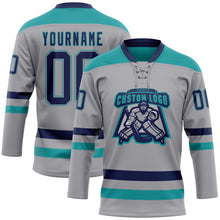 Laden Sie das Bild in den Galerie-Viewer, Custom Gray Navy-Teal Hockey Lace Neck Jersey