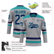 Laden Sie das Bild in den Galerie-Viewer, Custom Gray Navy-Teal Hockey Lace Neck Jersey