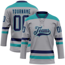 Laden Sie das Bild in den Galerie-Viewer, Custom Gray Navy-Teal Hockey Lace Neck Jersey