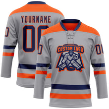 Laden Sie das Bild in den Galerie-Viewer, Custom Gray Navy-Orange Hockey Lace Neck Jersey