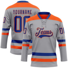 Laden Sie das Bild in den Galerie-Viewer, Custom Gray Royal-Orange Hockey Lace Neck Jersey