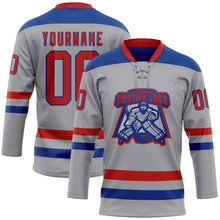 Laden Sie das Bild in den Galerie-Viewer, Custom Gray Red-Royal Hockey Lace Neck Jersey