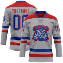 Laden Sie das Bild in den Galerie-Viewer, Custom Gray Royal-Red Hockey Lace Neck Jersey