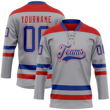 Laden Sie das Bild in den Galerie-Viewer, Custom Gray Royal-Red Hockey Lace Neck Jersey