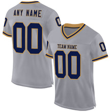 Load image into Gallery viewer, Custom Gray Navy-Old Gold Mesh Authentic Throwback Football Jersey