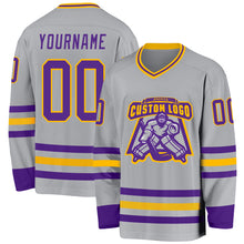 Laden Sie das Bild in den Galerie-Viewer, Custom Gray Purple-Gold Hockey Jersey