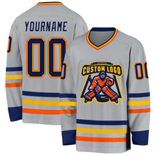 Laden Sie das Bild in den Galerie-Viewer, Custom Gray Navy Gold-Orange Hockey Jersey