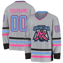 Загрузить изображение в средство просмотра галереи, Custom Gray Light Blue Black-Pink Hockey Jersey
