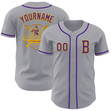 Laden Sie das Bild in den Galerie-Viewer, Custom Gray Purple-Gold Authentic Baseball Jersey