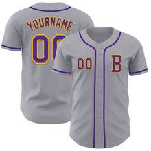 Laden Sie das Bild in den Galerie-Viewer, Custom Gray Purple-Gold Authentic Baseball Jersey