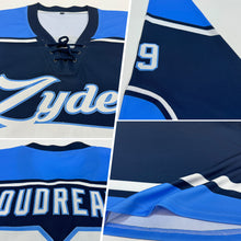 Загрузить изображение в средство просмотра галереи, Custom Navy White-Powder Blue Hockey Lace Neck Jersey