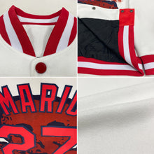 Load image into Gallery viewer, Custom White Red-Navy Skull Fashion 3D Bomber Full-Snap Varsity Letterman Jacket