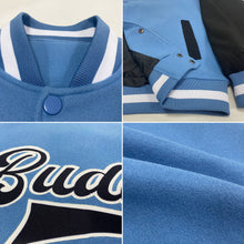 Charger l'image dans la galerie, Custom Light Blue Black-White Bomber Full-Snap Varsity Letterman Two Tone Jacket