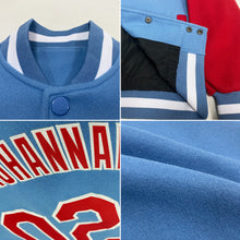 Загрузить изображение в средство просмотра галереи, Custom Light Blue Red-White Bomber Full-Snap Varsity Letterman Two Tone Jacket