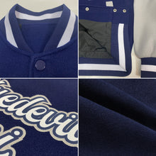 Загрузить изображение в средство просмотра галереи, Custom Navy White-Gray Bomber Full-Snap Varsity Letterman Two Tone Jacket