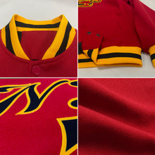 Charger l'image dans la galerie, Custom Red Black-Gold Bomber Full-Snap Varsity Letterman Jacket