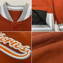Load image into Gallery viewer, Custom Texas Orange Texas Orange Gray-White Bomber Full-Snap Varsity Letterman Jacket
