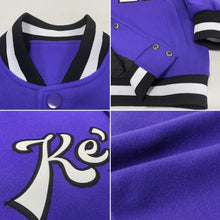 Charger l'image dans la galerie, Custom Purple White-Black Bomber Full-Snap Varsity Letterman Jacket
