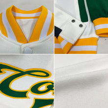 Charger l'image dans la galerie, Custom White Kelly Green-Gold Bomber Full-Snap Varsity Letterman Two Tone Jacket